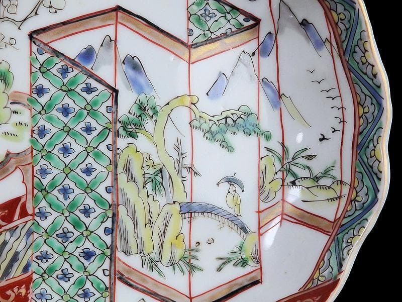 古伊万里　色絵　屏風図に双鶴の図　膾皿　５枚　D299AS-fbty