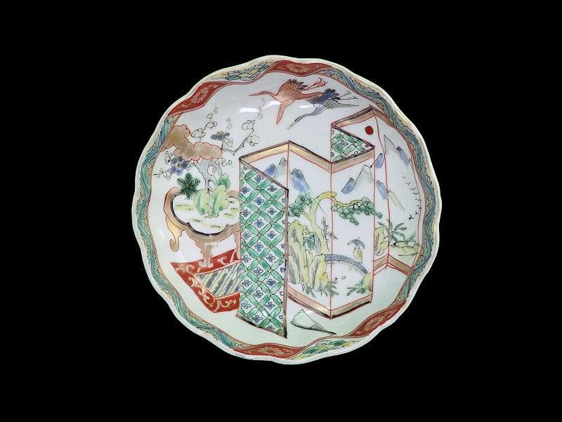 古伊万里　色絵　屏風図に双鶴の図　膾皿　５枚　D299AS-fbty