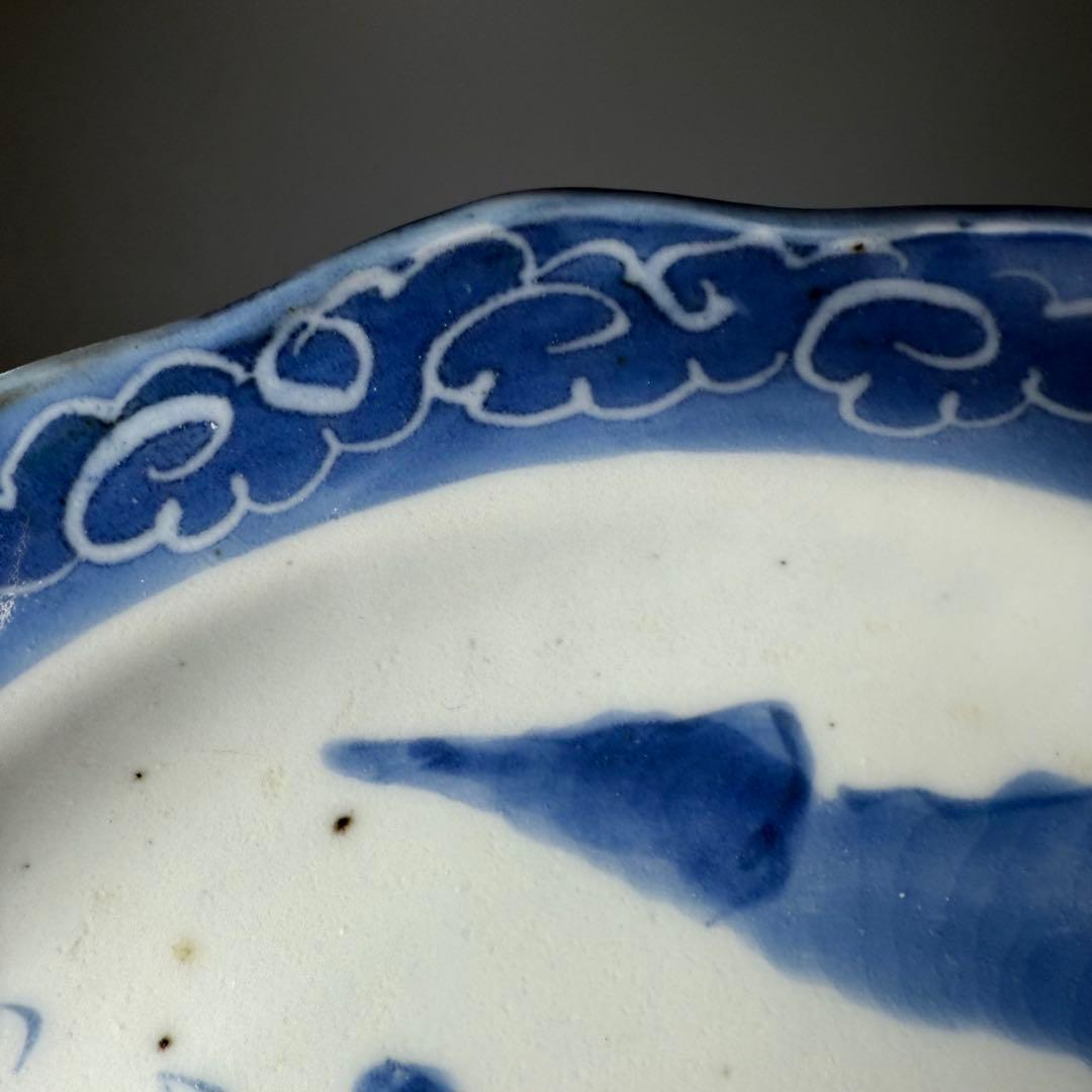 古伊万里　染付風景画輪花皿　十枚　墨弾き　ケーキ皿　デザート皿　古民家カフェ