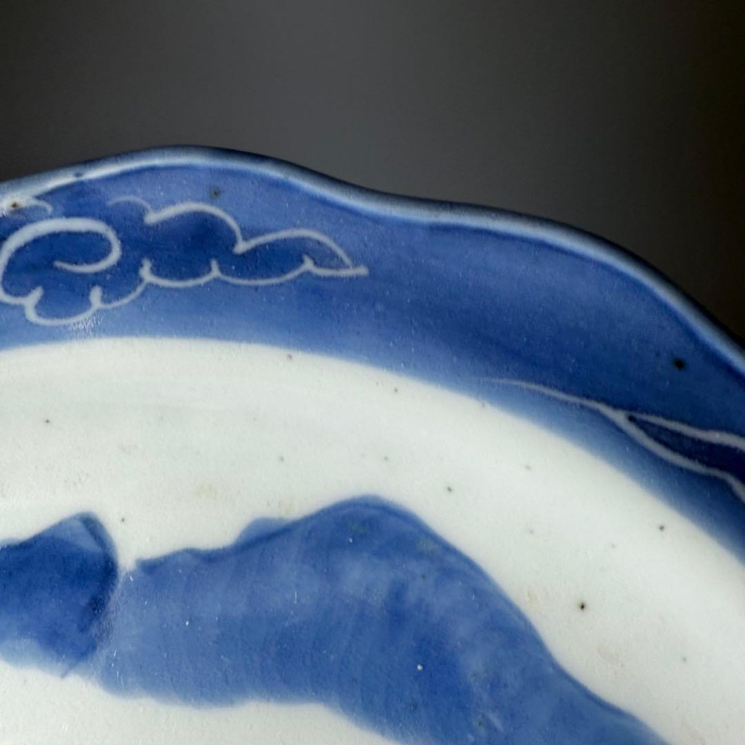 古伊万里　染付風景画輪花皿　十枚　墨弾き　ケーキ皿　デザート皿　古民家カフェ