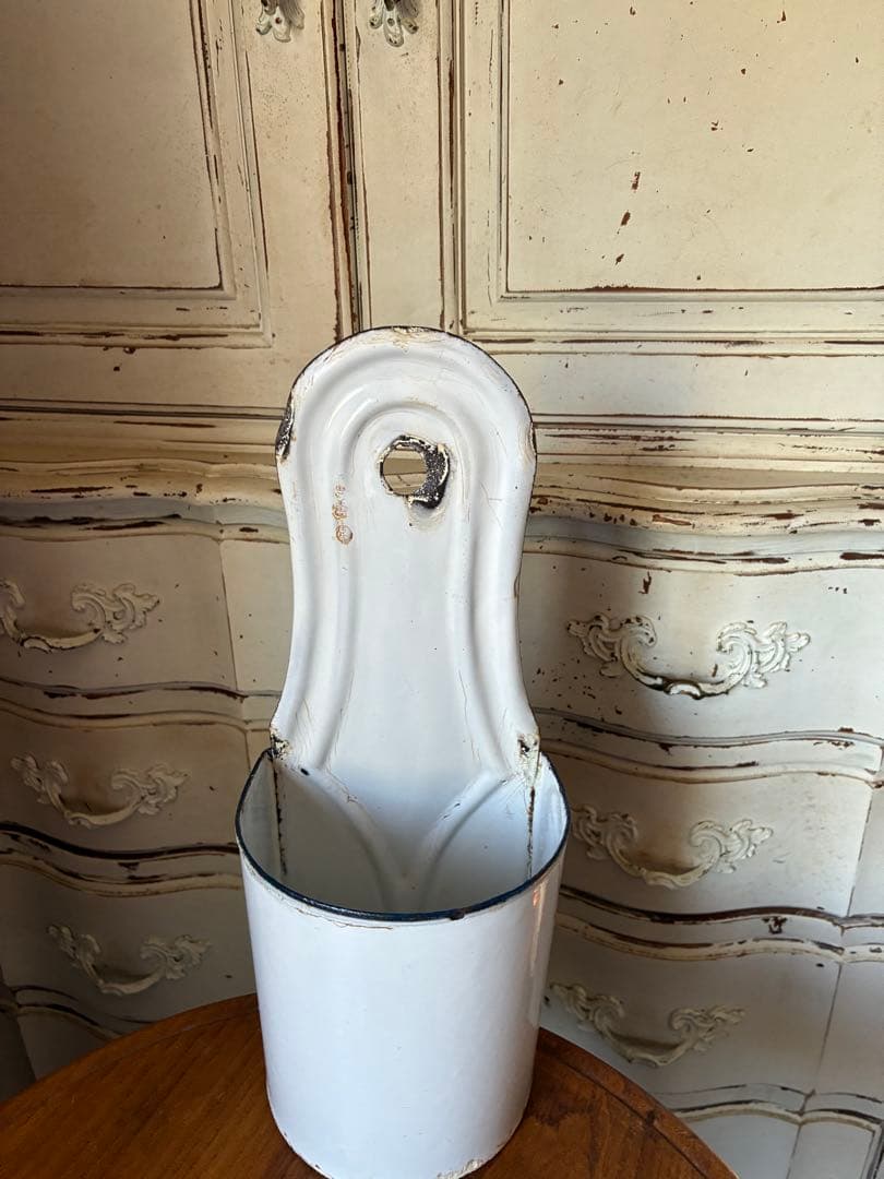 フランス　アンティーク　ホーロー　壁掛け　ブラシホルダー　ホワイト　小物収納レア
