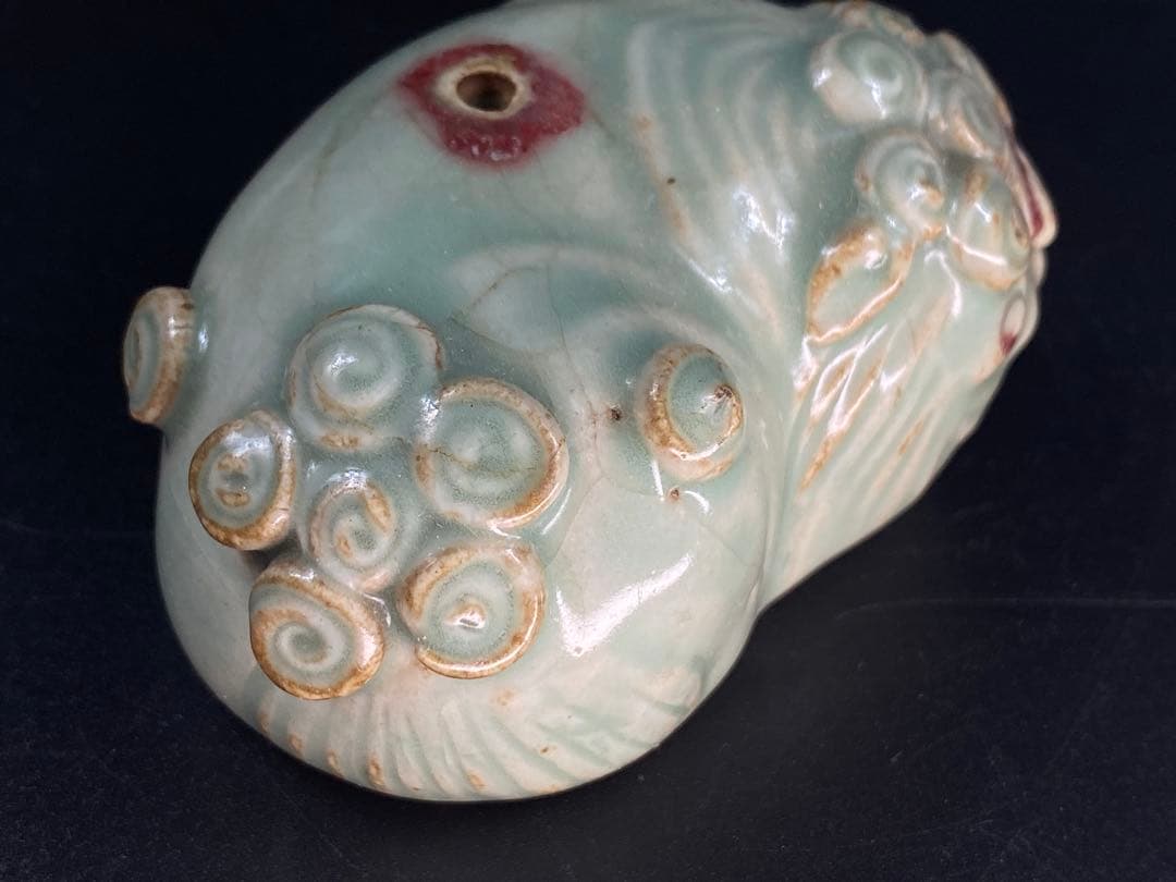 李朝 水滴 青磁 辰砂 海獣型 文道具 書道具 珍しい逸品 幅8.3cm