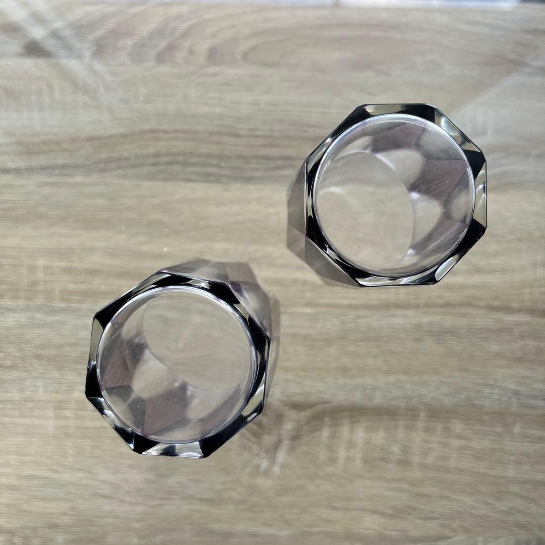 骨董　時代ガラス　紫色被せダイヤ綴り　大正浪漫　モダン切子　コップ　ウラン ２客