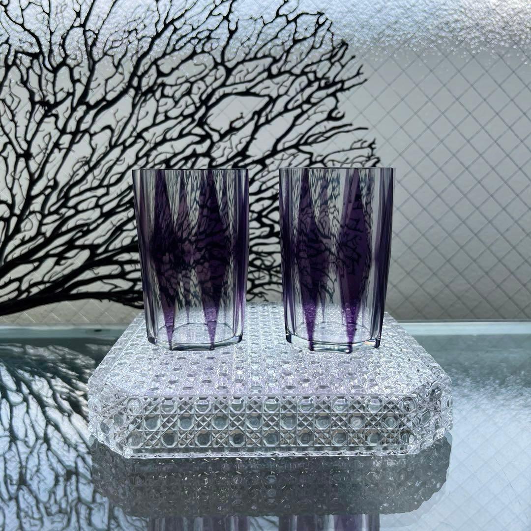 骨董　時代ガラス　紫色被せダイヤ綴り　大正浪漫　モダン切子　コップ　ウラン ２客