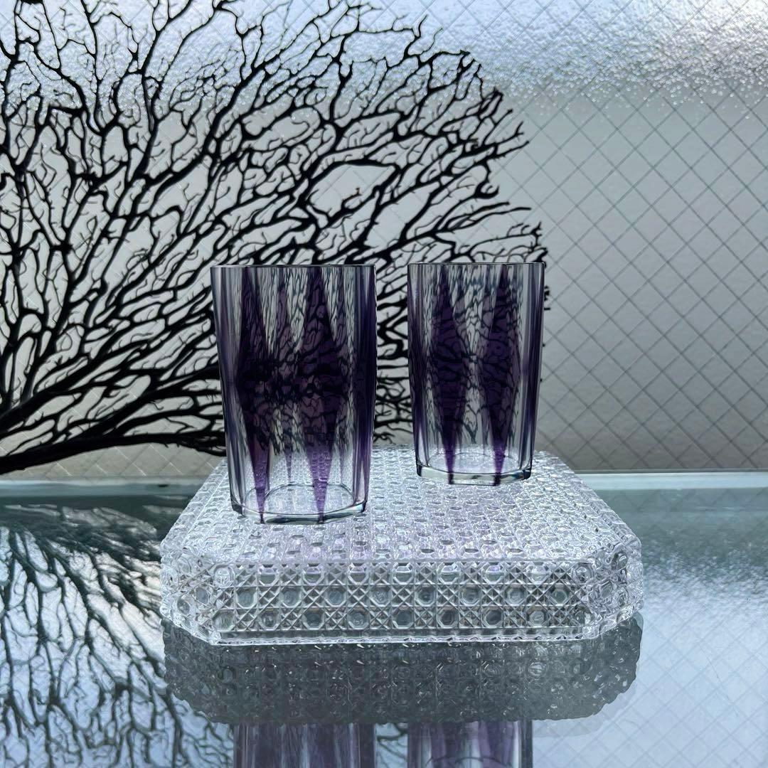 骨董　時代ガラス　紫色被せダイヤ綴り　大正浪漫　モダン切子　コップ　ウラン ２客