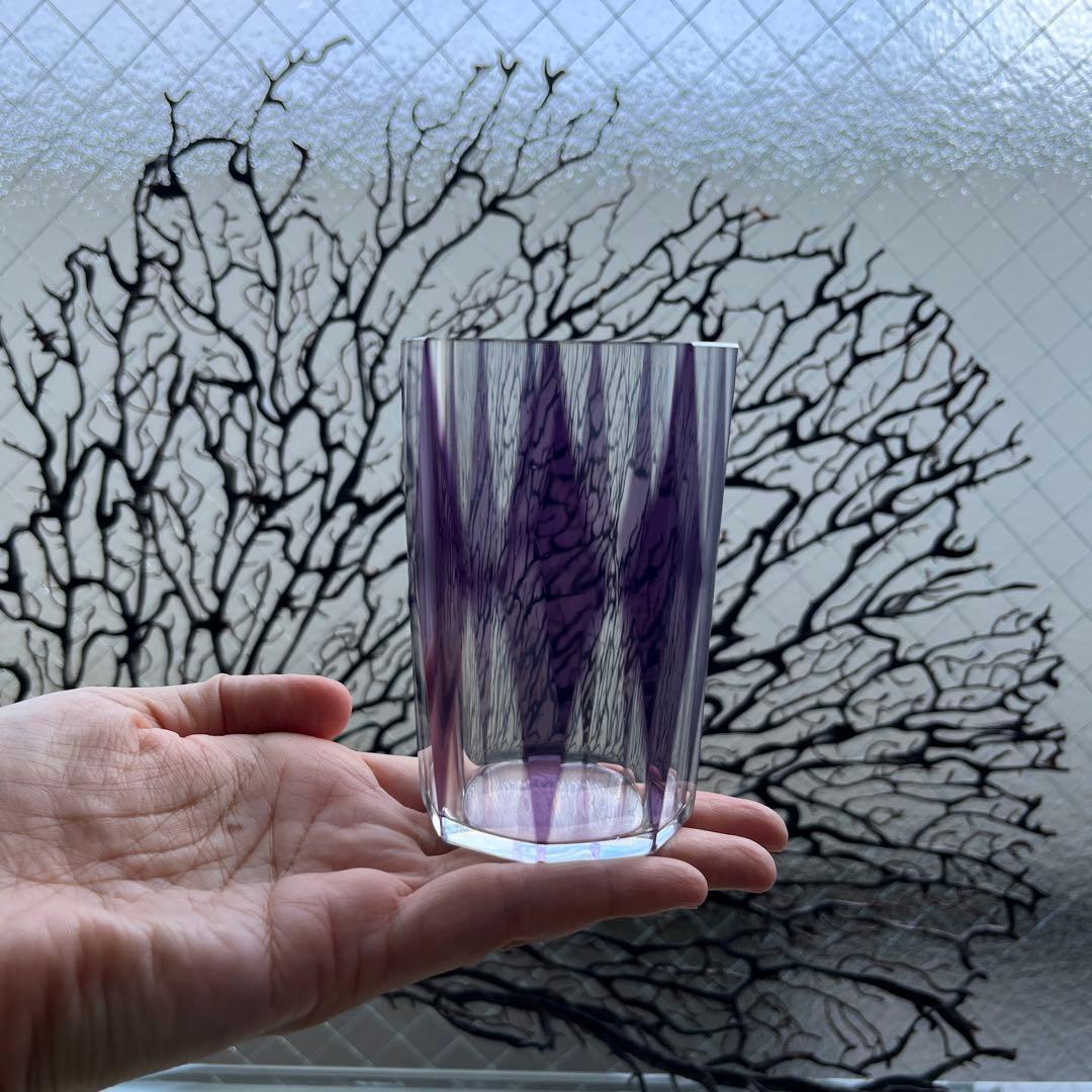 骨董　時代ガラス　紫色被せダイヤ綴り　大正浪漫　モダン切子　コップ　ウラン ２客