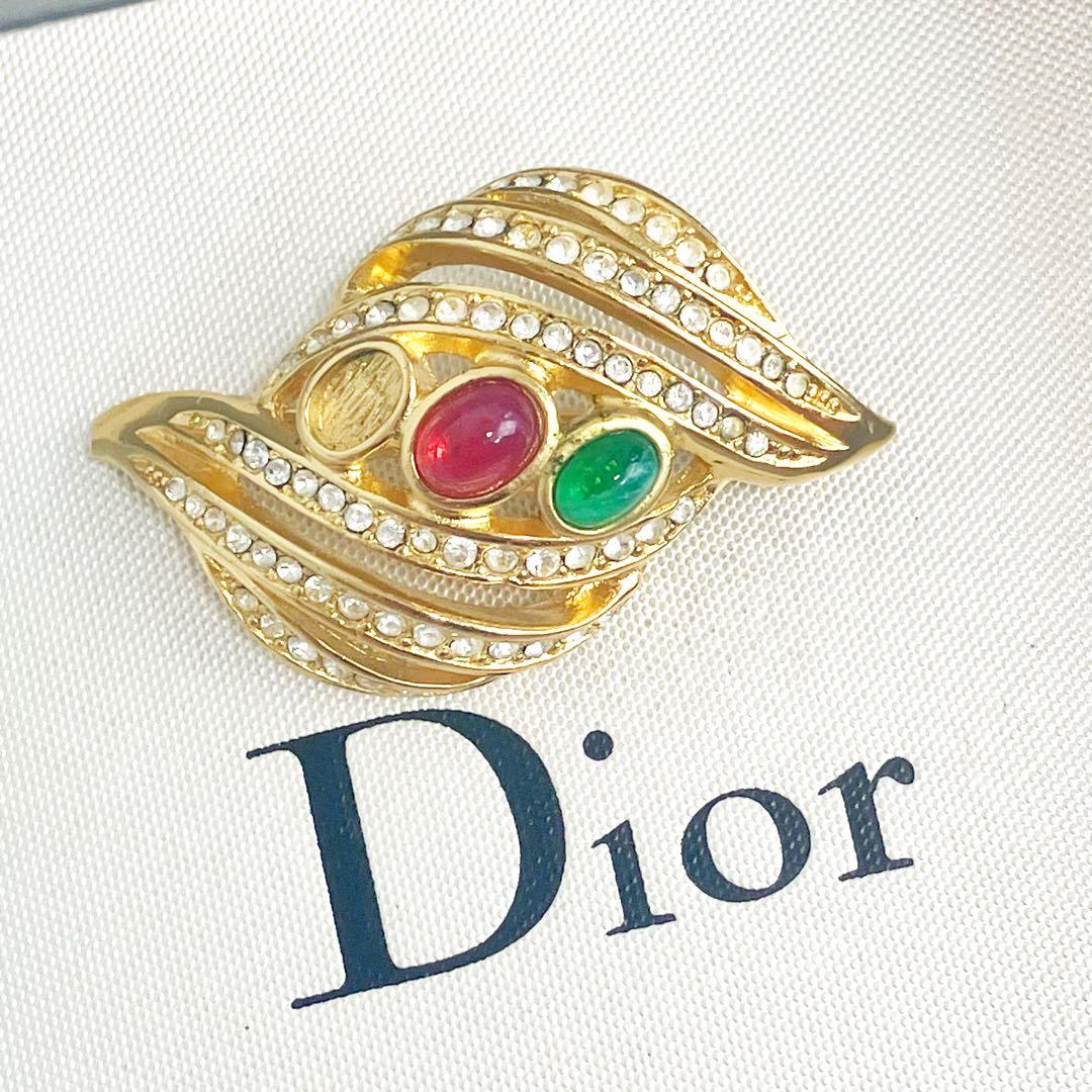 美品✨クリスチャンディオール　ブローチ　カラーストーン　ラインストーン　ゴールド