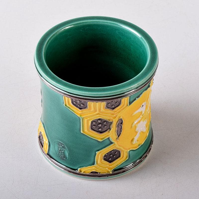 茶道具　谷口登志雄　菁嵐作　青交趾　鶴亀　蓋置　共布共箱　V　7866