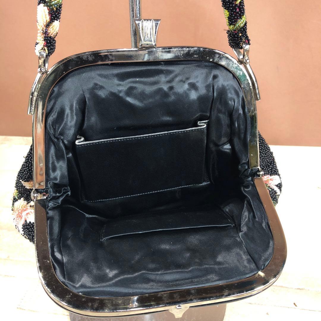 昭和ロマン　がま口　花柄刺繍 ビーズハンドバッグ 黒