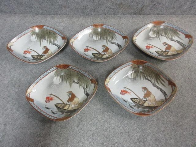 九谷焼 色絵 菱形皿 5枚 [B23055] 月夜鵜飼 小皿 古玩 古美術