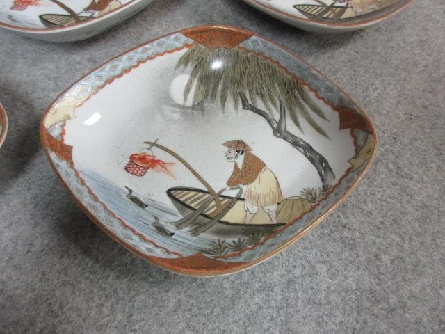 九谷焼 色絵 菱形皿 5枚 [B23055] 月夜鵜飼 小皿 古玩 古美術