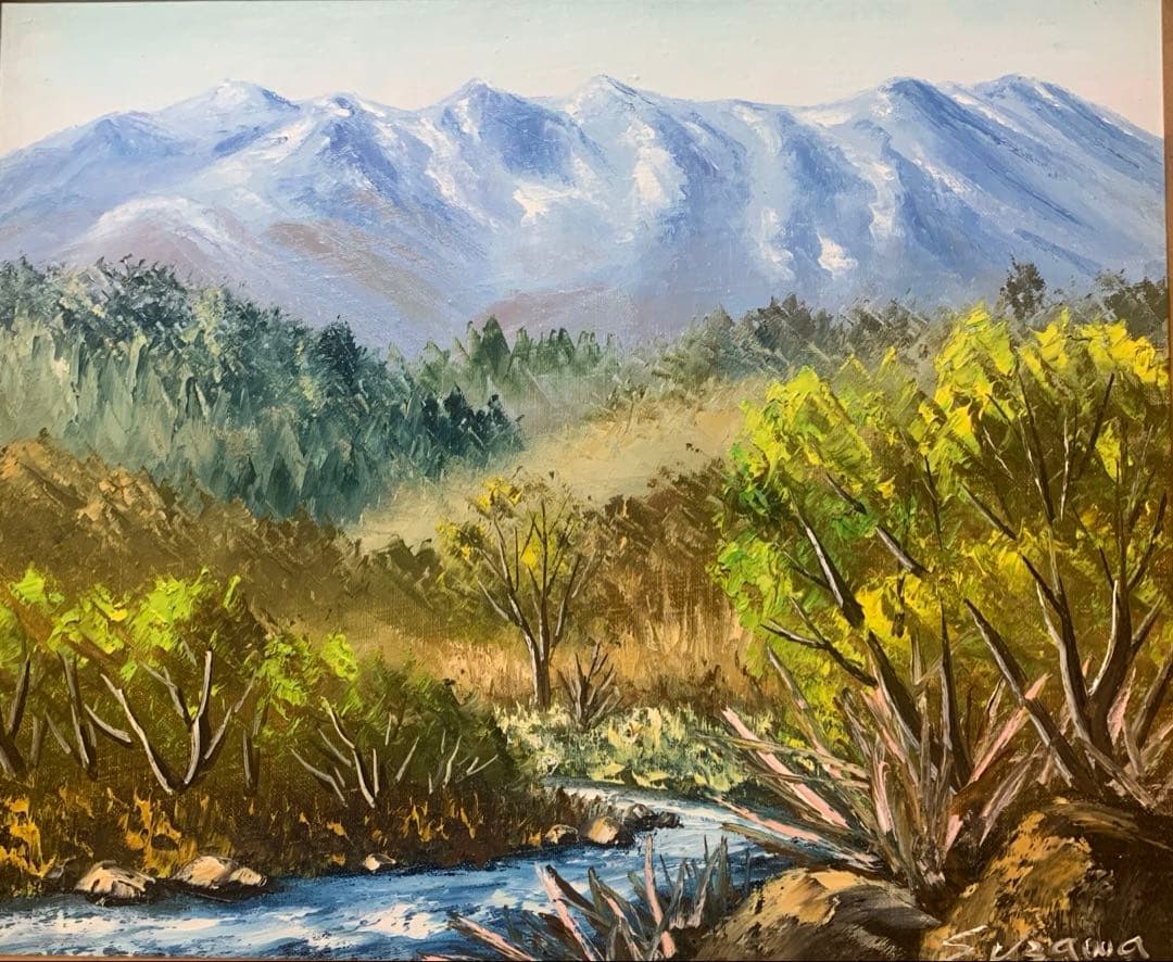 絵画　油彩肉筆画　『末川と木曾御岳　羽沢清水』アンティーク