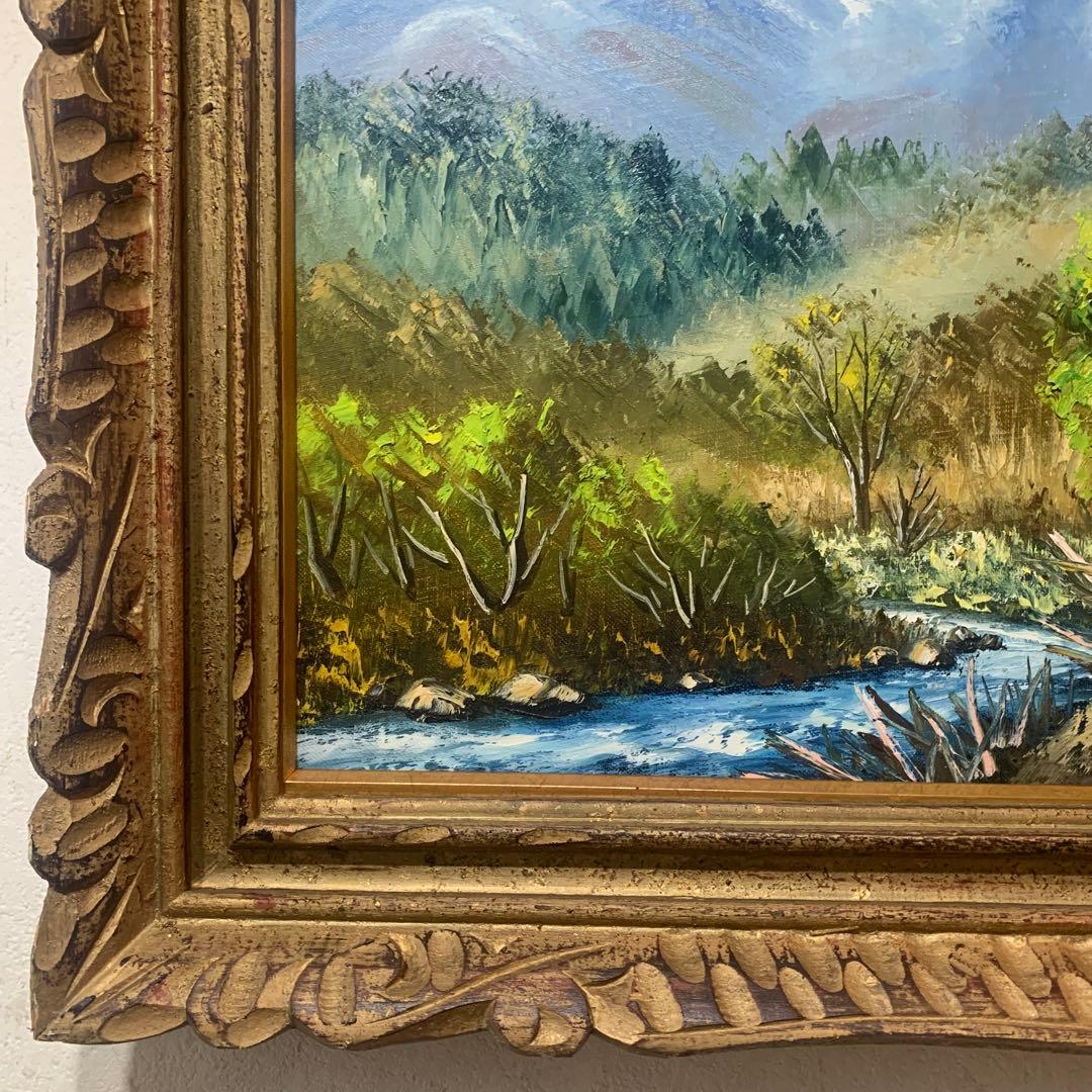 絵画　油彩肉筆画　『末川と木曾御岳　羽沢清水』アンティーク