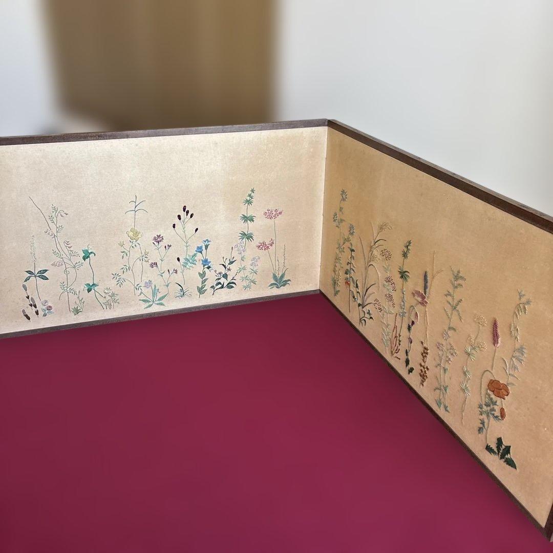 衝立　仕切り　枕屏風　花柄刺繍　アンティーク　骨董　送料込み