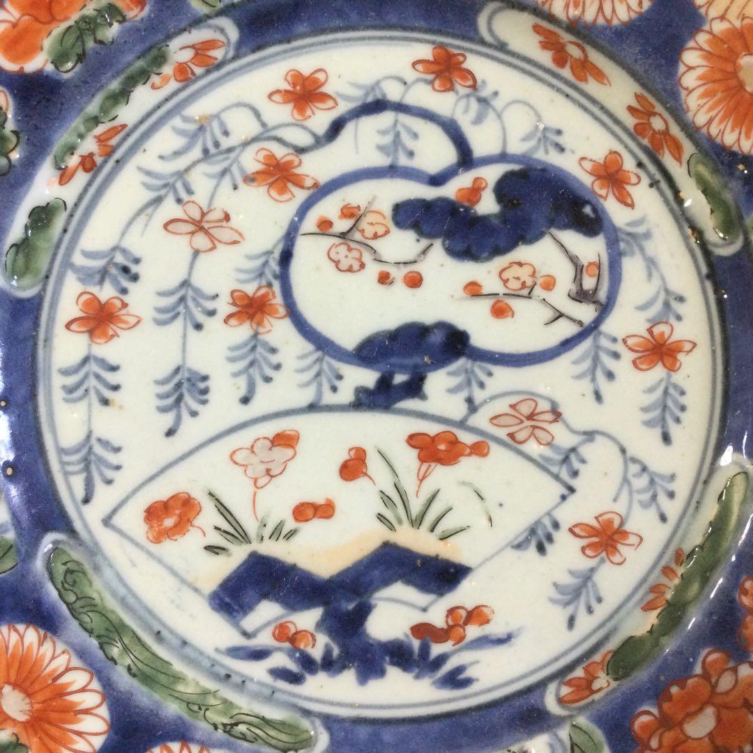 古伊万里焼 錦絵皿 時代物 江戸期 皿立て付 飾り皿 骨董 M