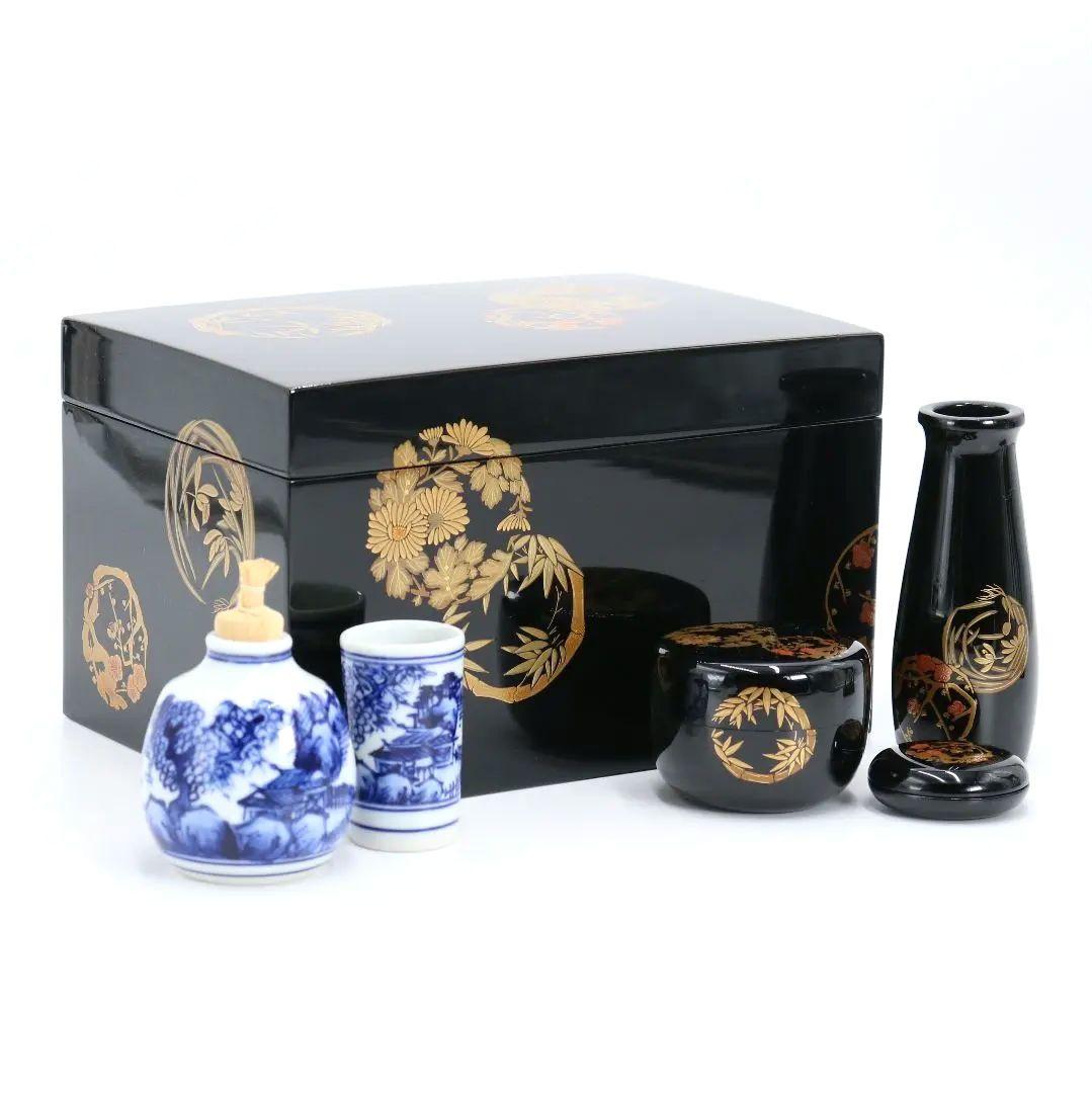 丸紋四君子蒔絵茶箱三つ組 染付山水絵二点揃 桐箱/布付 茶道具　FR81　SS1