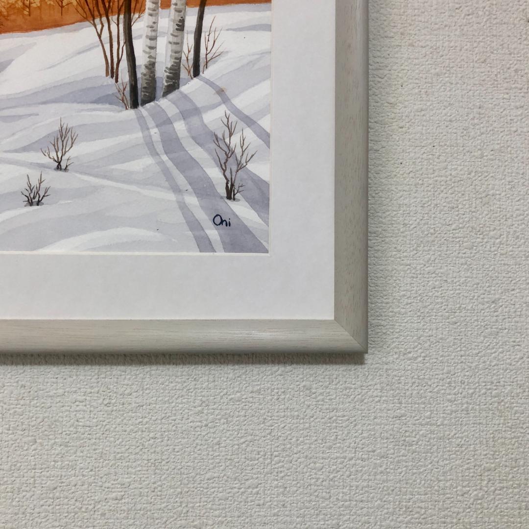 透明水彩画　原画　「雪原の朝焼け」額縁付　F6サイズ　風景画