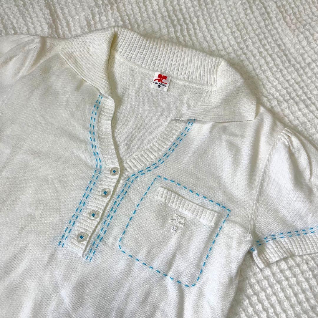 ヴィンテージ Courreges ブルーステッチ コットンポロシャツ