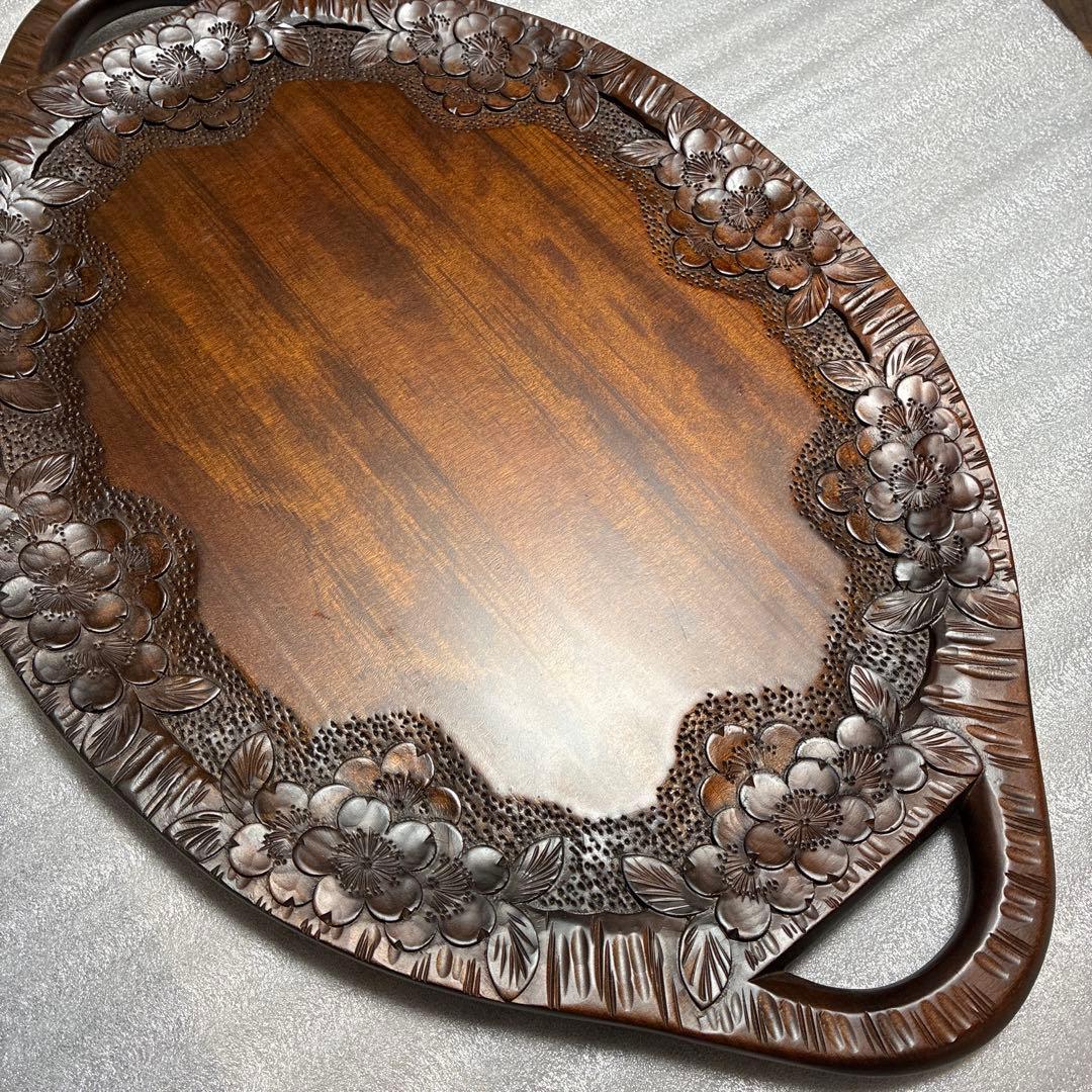 軽井沢彫　手付き盆　桜彫刻