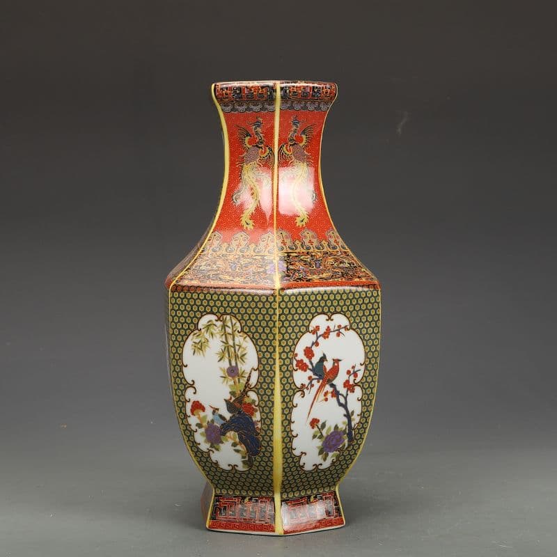 清雍正蒔金花鳥六方瓶 景徳鎮 陶磁器 装飾品 現代工芸品 美術品 置物