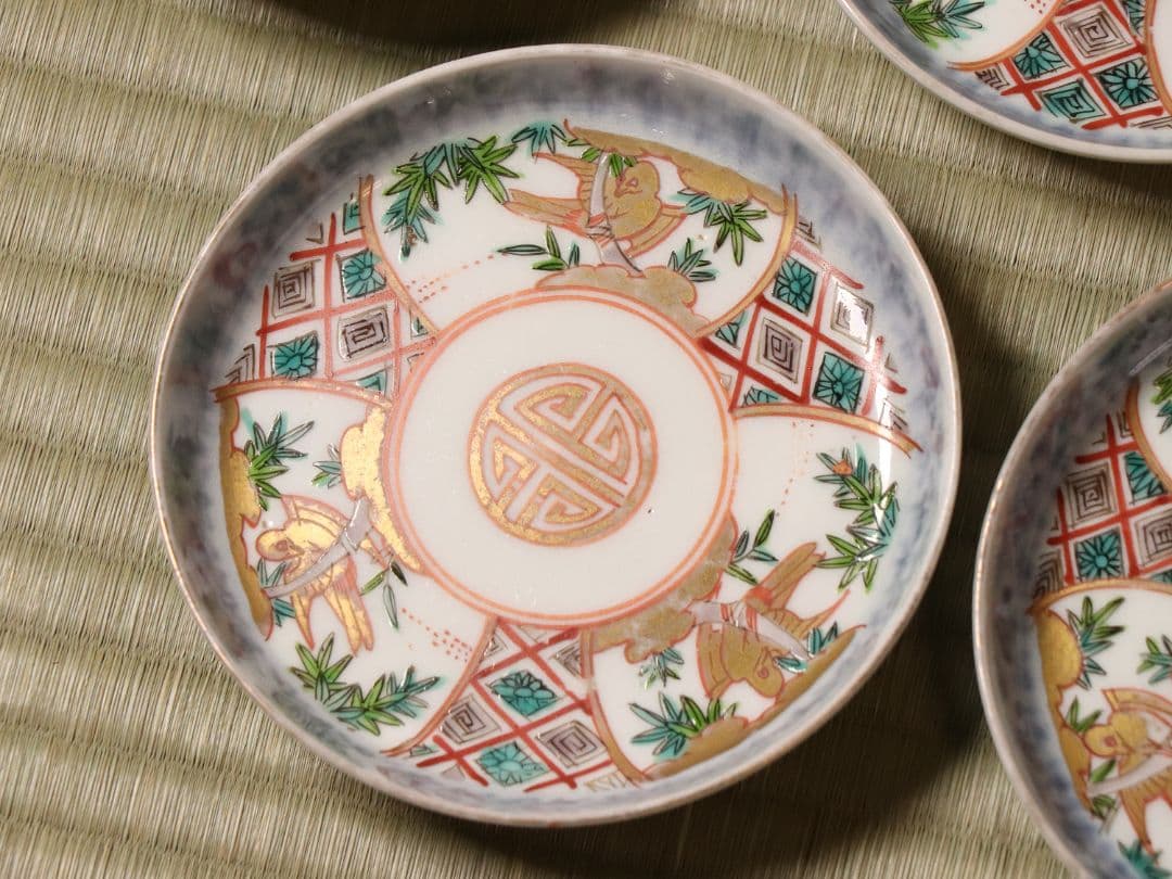 【CM19】古伊万里 竹鳥図 色絵 小皿 五客 11.9cm 小紋 錦手 金彩