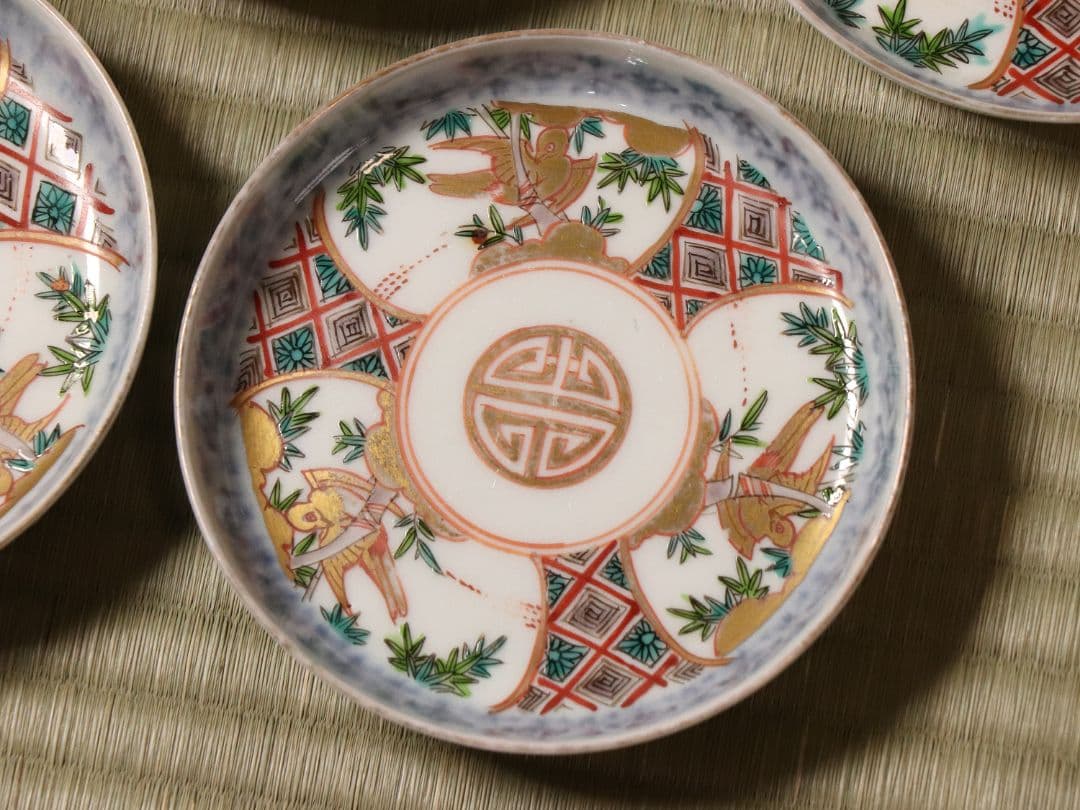 【CM19】古伊万里 竹鳥図 色絵 小皿 五客 11.9cm 小紋 錦手 金彩