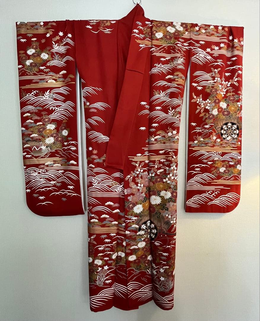 美品　ビッグサイズ　上正絹振袖　サビ朱色地花御所車