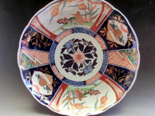 大皿■赤絵兎紋窓絵染錦絵花唐草紋皿 花弁型(江戸後期～明治期)古伊万里 時代物■