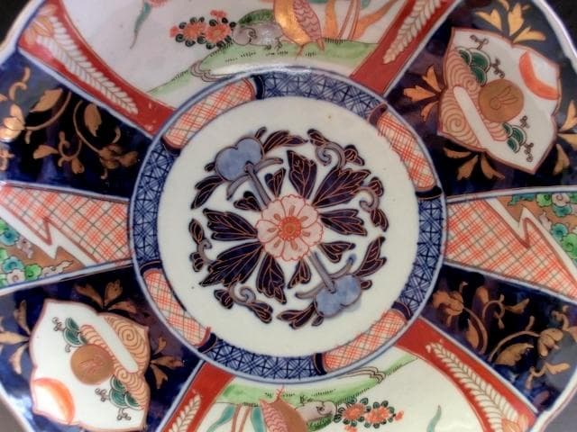 大皿■赤絵兎紋窓絵染錦絵花唐草紋皿 花弁型(江戸後期～明治期)古伊万里 時代物■