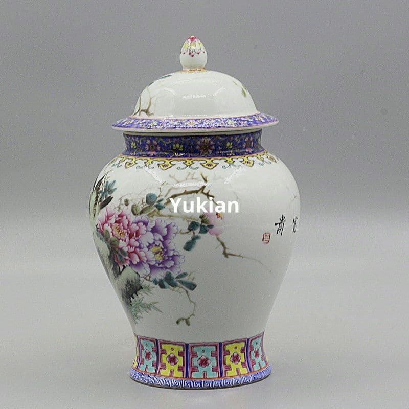 粉彩花開富貴将軍缶 陶磁器 現代工芸品 美術品 装飾品 置物