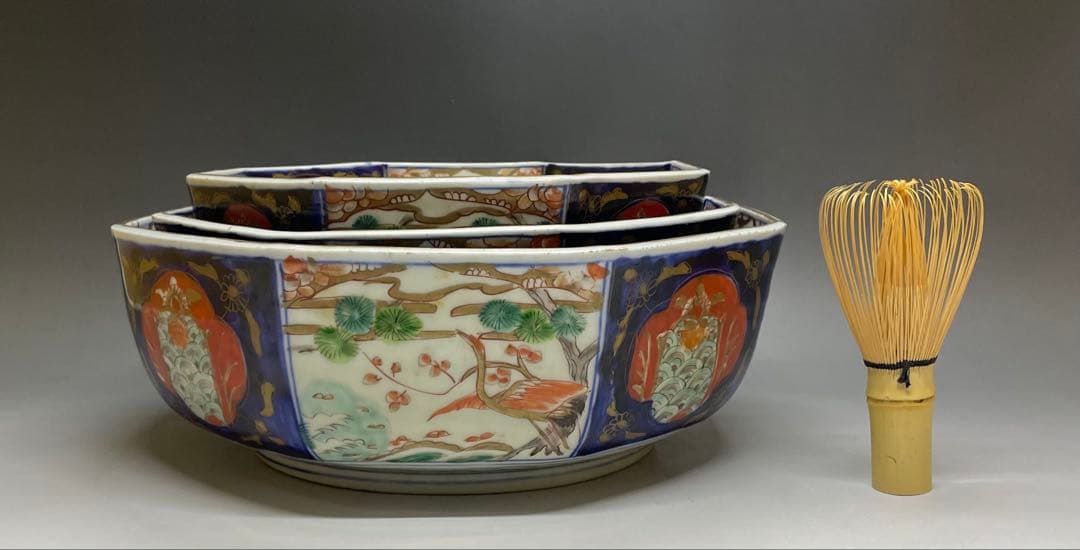 古伊万里　染錦　二重高台　三つ丼　鉢　飾り鉢　D132