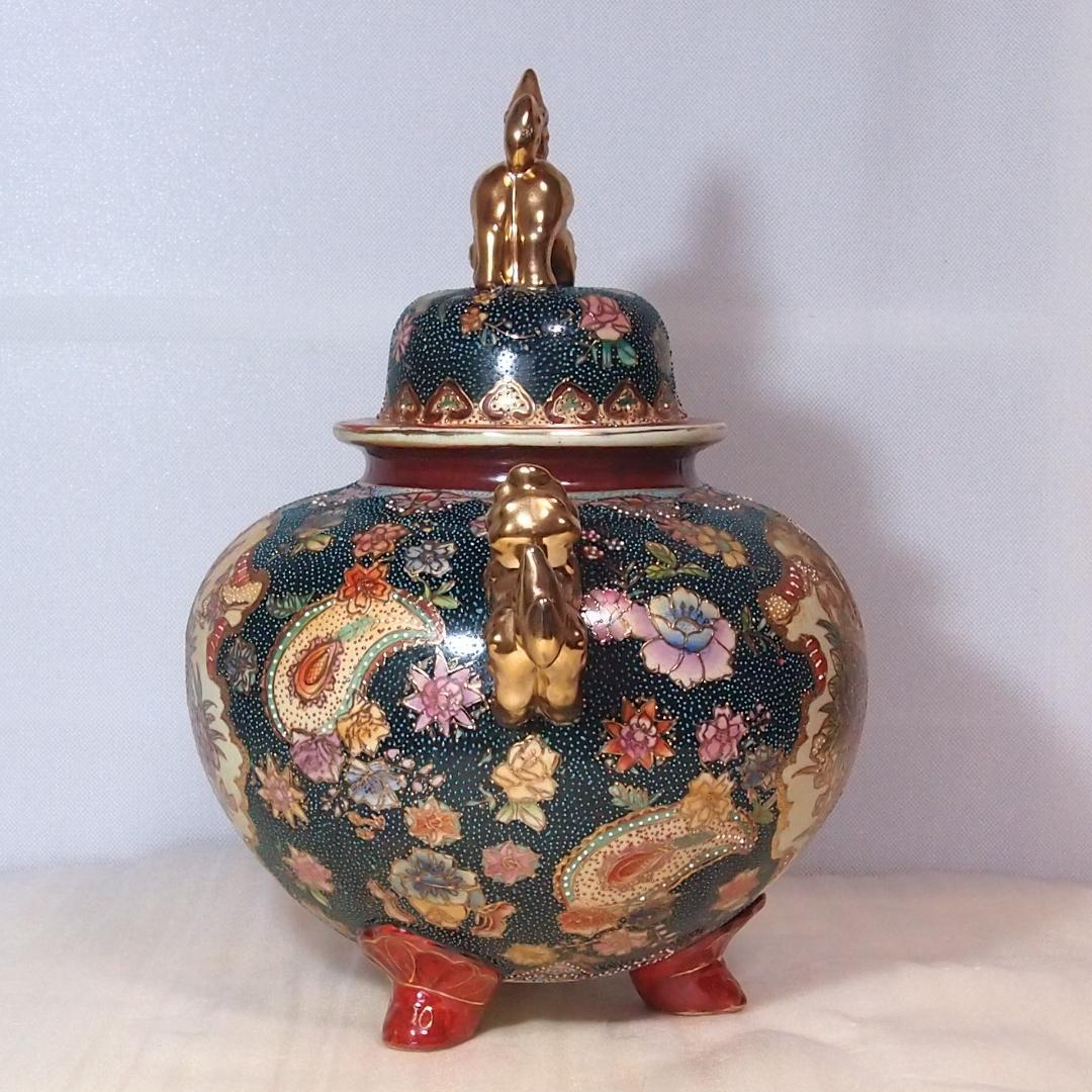 【希少・良品】薩摩焼 青粒金彩 花鳥図 大香炉 陶磁器 古道具/茶道具/香道具