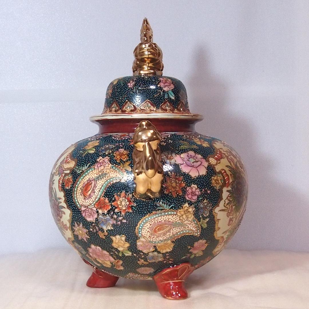 【希少・良品】薩摩焼 青粒金彩 花鳥図 大香炉 陶磁器 古道具/茶道具/香道具