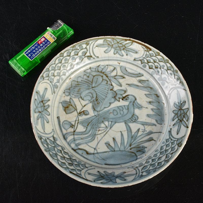 中国　古染付　青花芙蓉手　花鳥文盤　皿　C　R6823