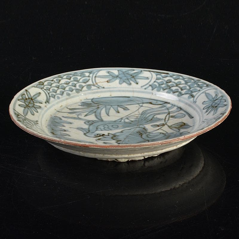 中国　古染付　青花芙蓉手　花鳥文盤　皿　C　R6823