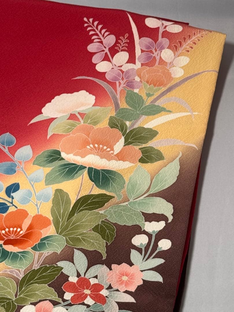 [美品] 振袖　本振袖　正絹　臙脂色　赤　礼装　成人式　卒業式　シンプル　高身長