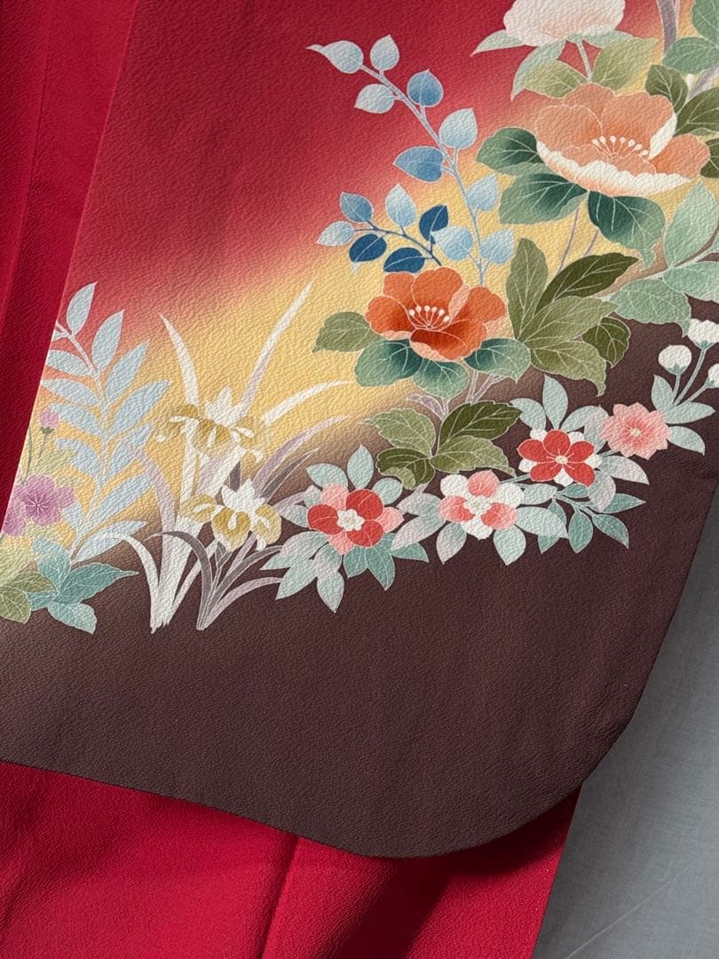 [美品] 振袖　本振袖　正絹　臙脂色　赤　礼装　成人式　卒業式　シンプル　高身長