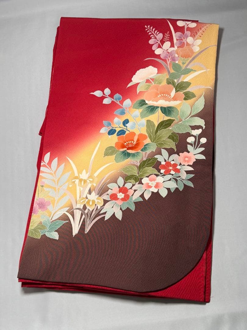 [美品] 振袖　本振袖　正絹　臙脂色　赤　礼装　成人式　卒業式　シンプル　高身長