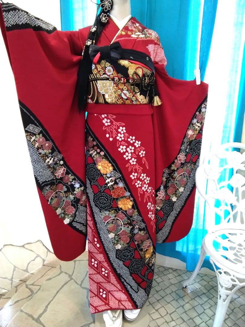 振袖フルセット、正絹絞り振袖成人式、重ね衿帯揚げ帯締め、西陣袋帯襦袢、ガード加工