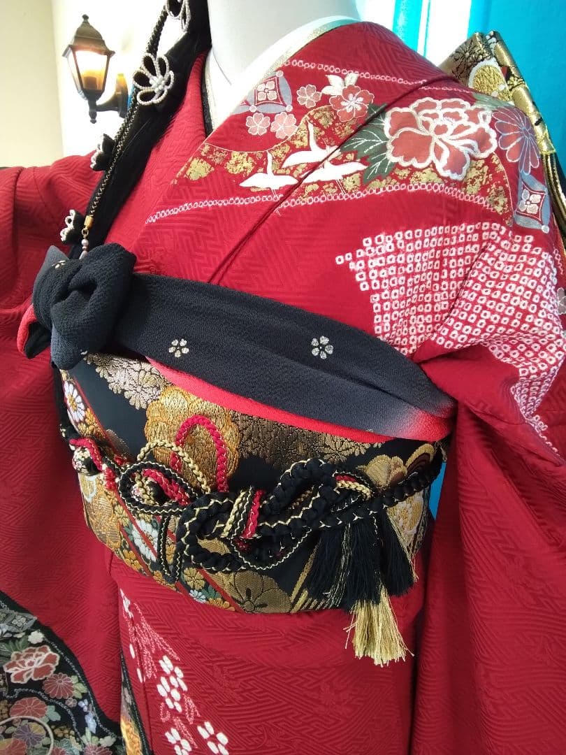 振袖フルセット、正絹絞り振袖成人式、重ね衿帯揚げ帯締め、西陣袋帯襦袢、ガード加工