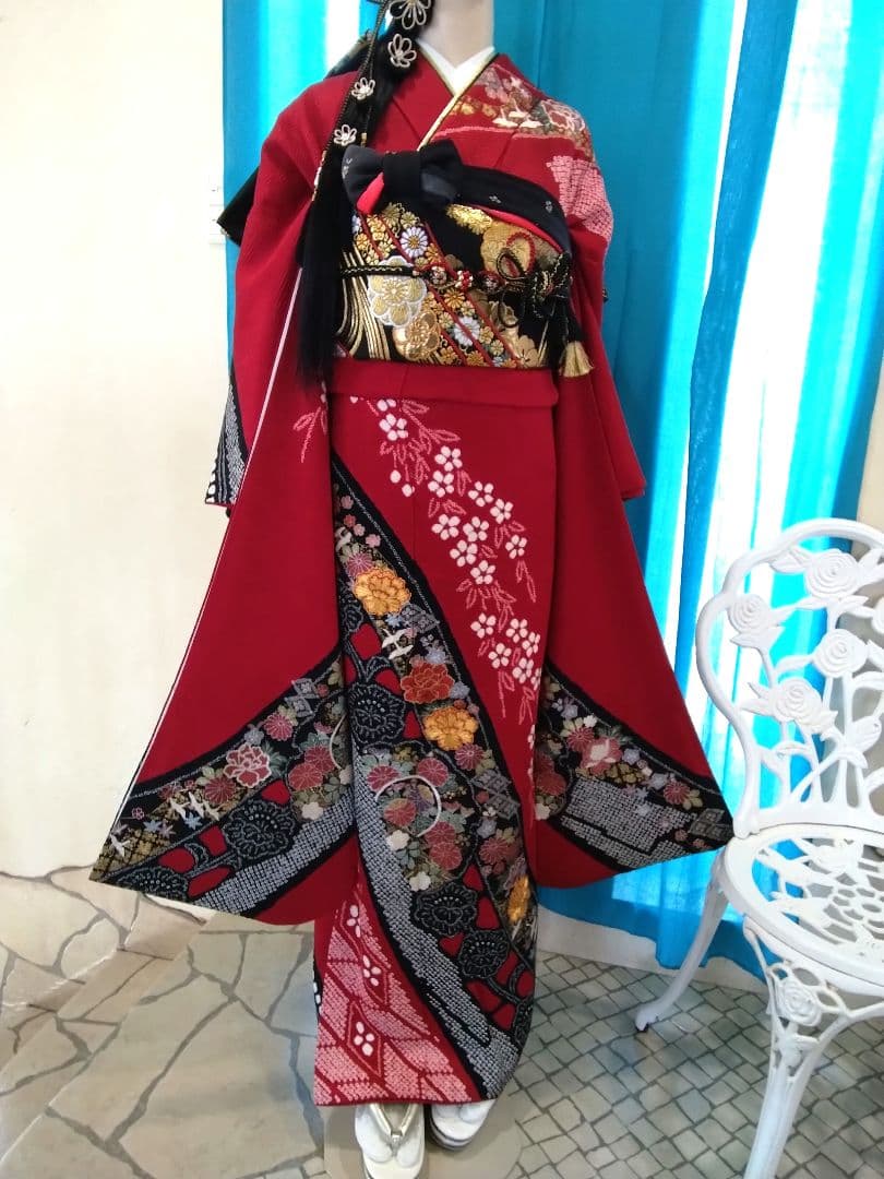 振袖フルセット、正絹絞り振袖成人式、重ね衿帯揚げ帯締め、西陣袋帯襦袢、ガード加工