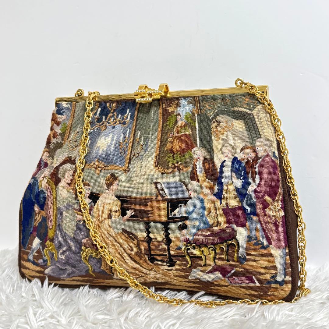 【美品】 久家道子 プチポアン パーティーバッグ がま口 刺繍