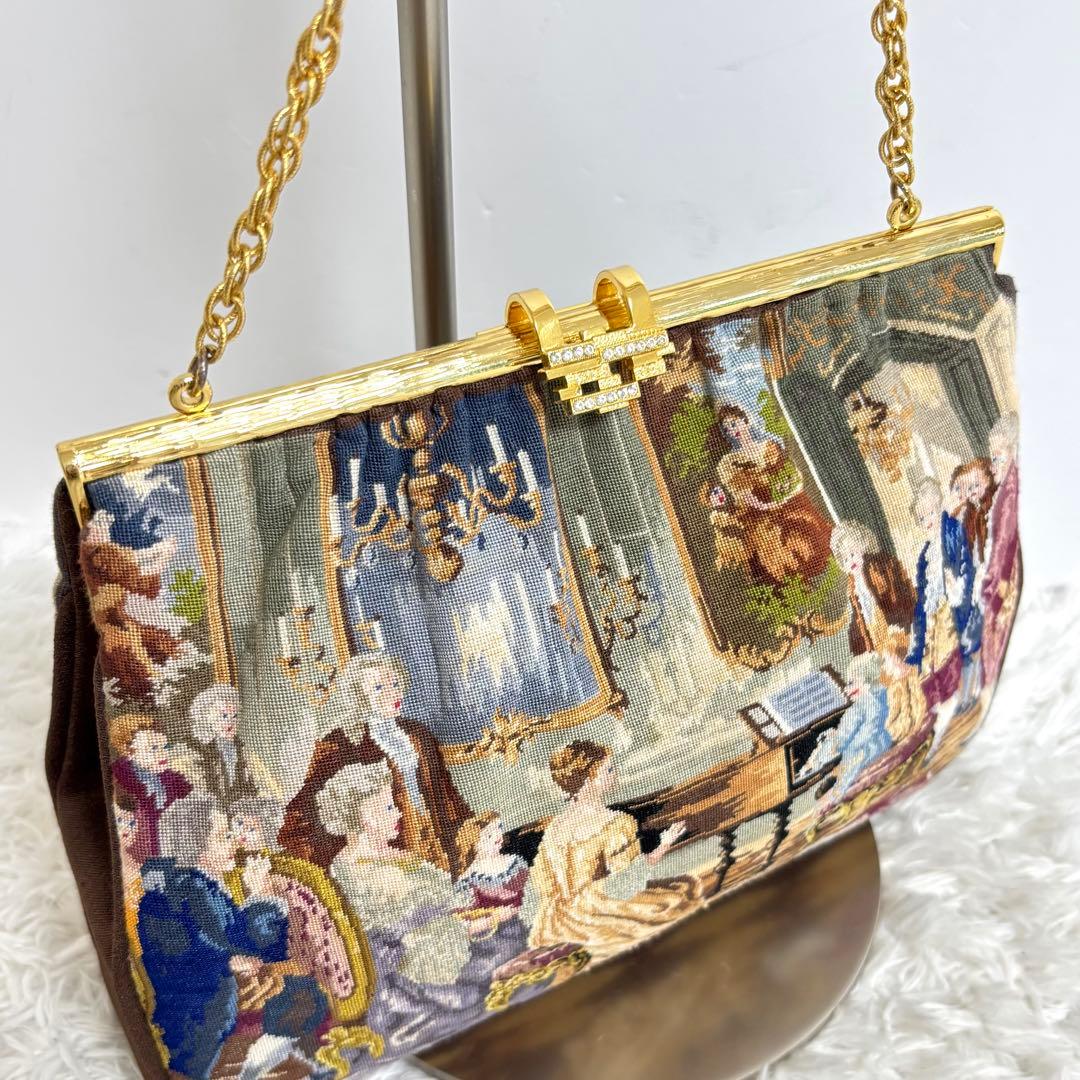 【美品】 久家道子 プチポアン パーティーバッグ がま口 刺繍