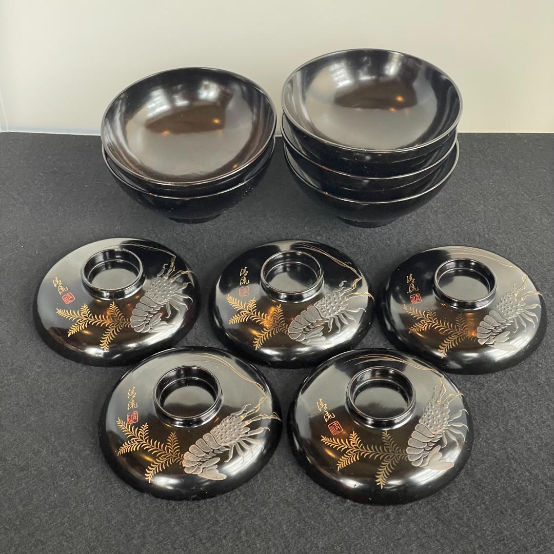 清流椀 吸物 雑煮 5客 黒 漆 海老 金彩 本金 磨き 蒔絵 骨董美品