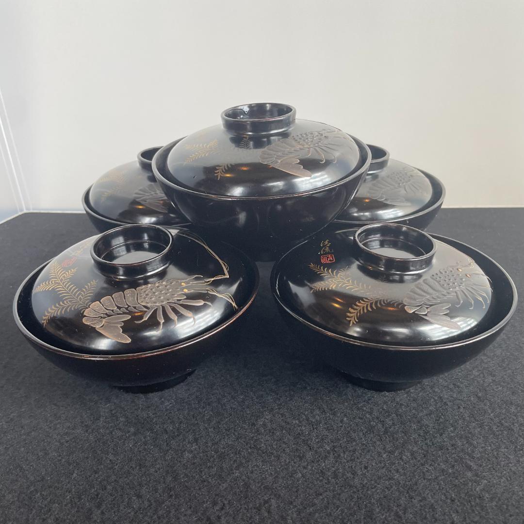 清流椀 吸物 雑煮 5客 黒 漆 海老 金彩 本金 磨き 蒔絵 骨董美品