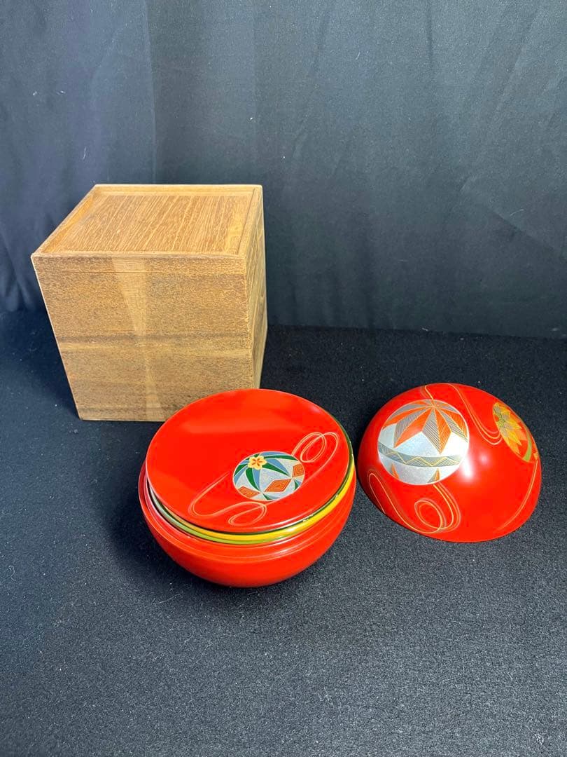 棗『手まり棗』銘々皿×5客セット漆器 天然木製 長期保管品 共箱　茶道具　古道具