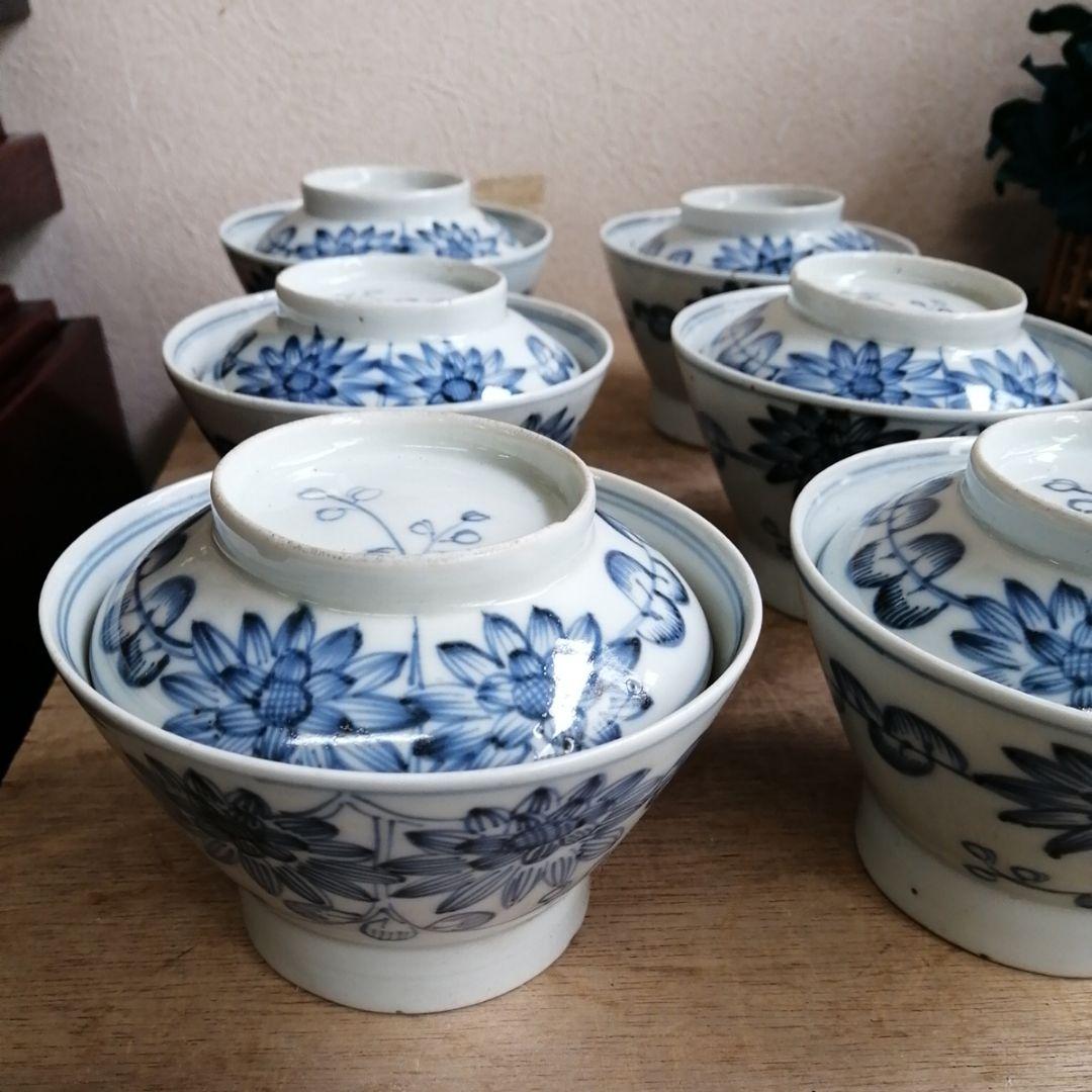 骨董　古伊万里　蓋茶碗　染め付け　茶碗　アンティーク　6客