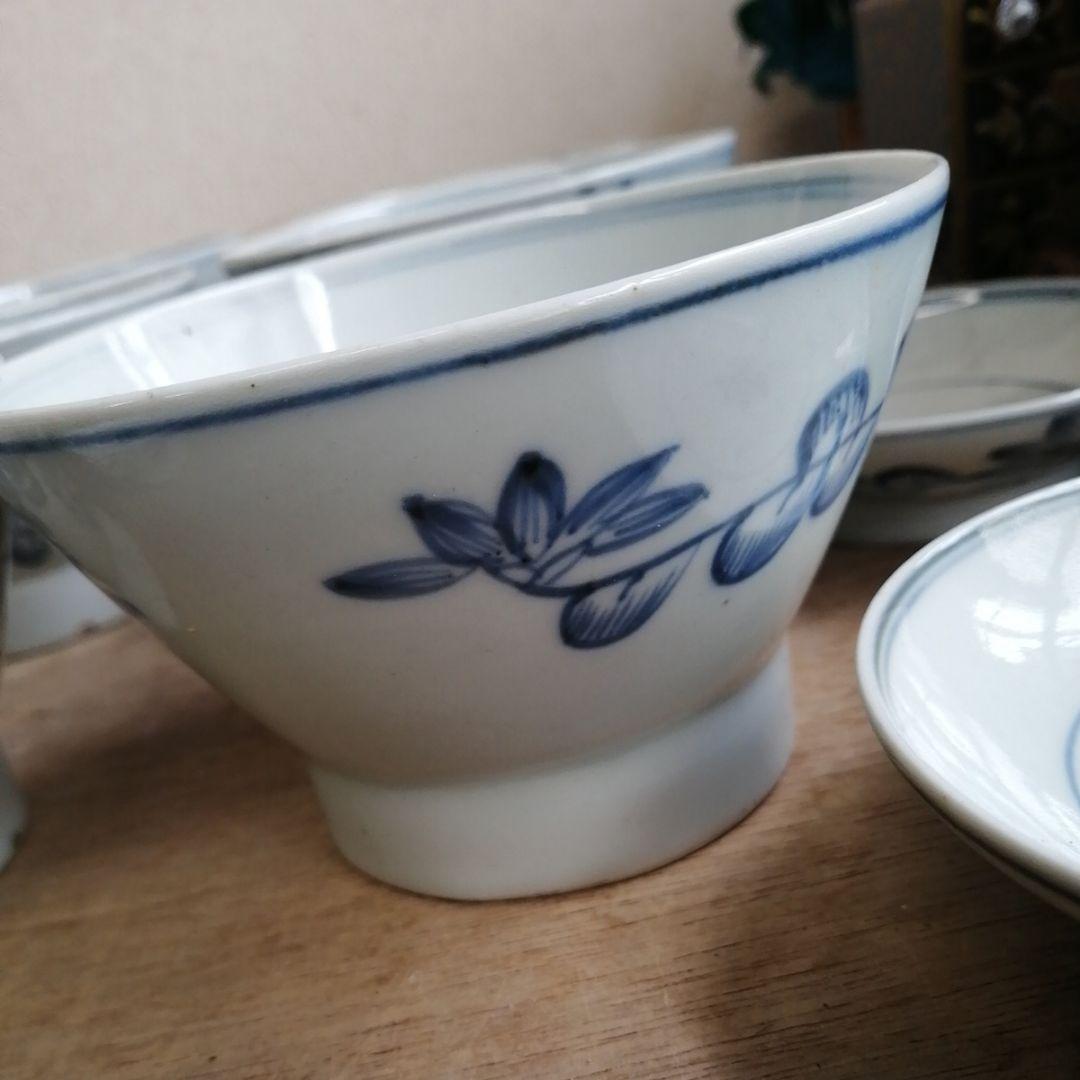 骨董　古伊万里　蓋茶碗　染め付け　茶碗　アンティーク　6客