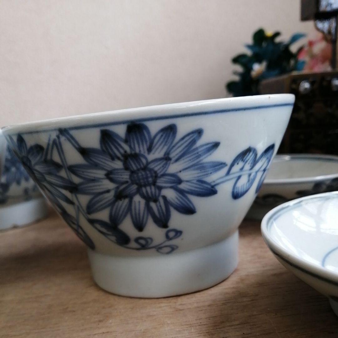 骨董　古伊万里　蓋茶碗　染め付け　茶碗　アンティーク　6客