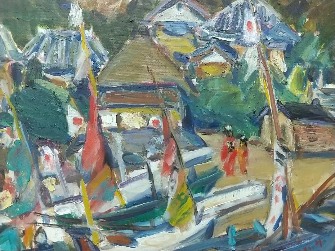 「正月の漁村」A 房州川津浜 F6 '68 油絵 絵画 油彩画 日の丸 国旗